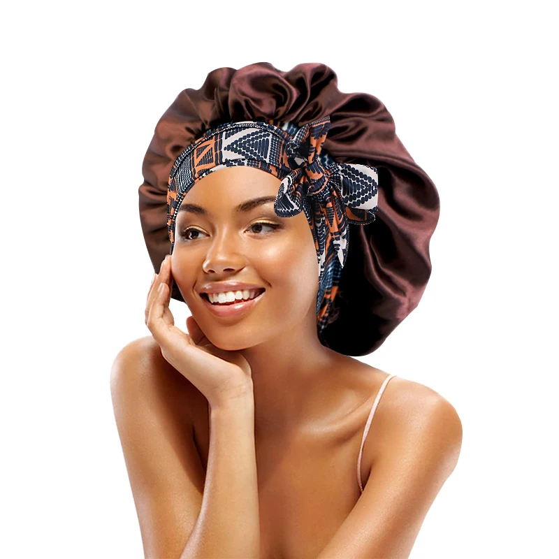 Damen-Satin-Mütze mit Schnürung und breiten Stretch-Krawatten, Band, langer Schwanz, Satin, Cheveux Nuit, seidige Schlaf-Nachtmütze, Mützen – Detail 10