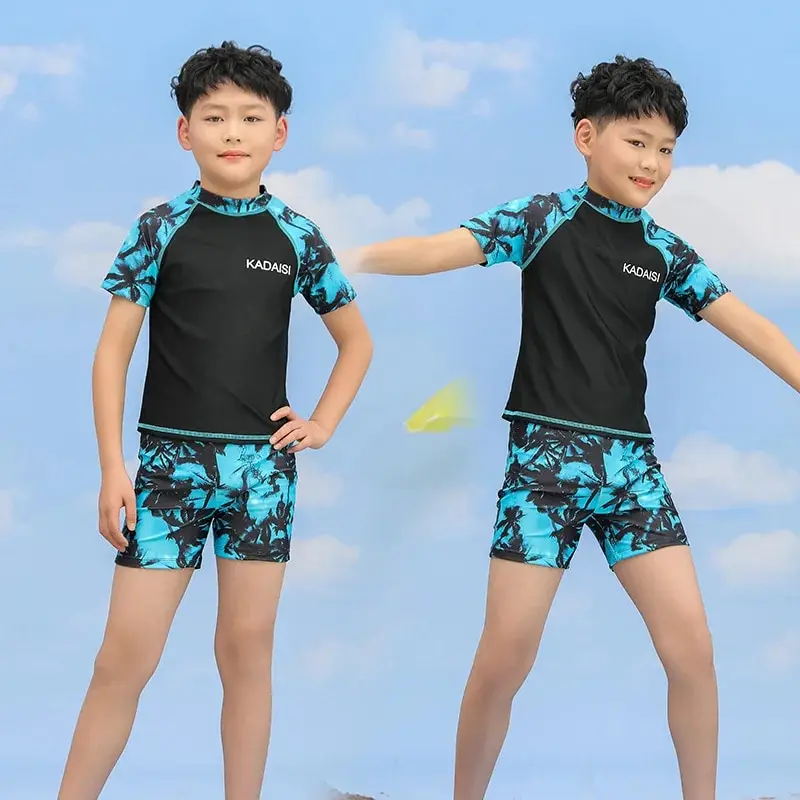 Summer Children\'s Two-piece Polyester Medium Children\'s Short-sleeved Young Boys Western Style Hot Spring Swimsuit