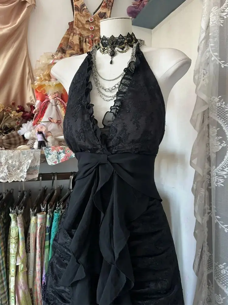 

France Vintage Slim Slash Neck Sleeveless Dress Women Gothic Y2k V-neck Black Summer Dresses High Street Chic Skinny Clothing