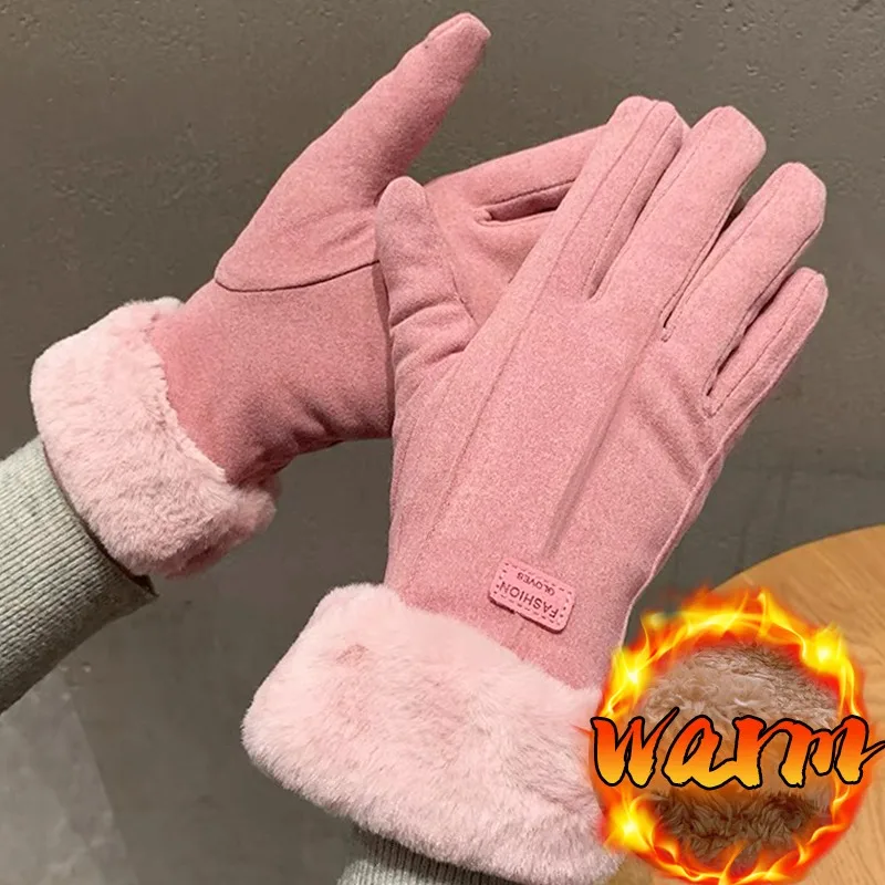 Damesmode Zeemhandschoenen Winter Dikker Pluizig Fleece Harige Antislip Pluche Wanten Outdoor Warm Winddicht Lange Vinger Handschoenen