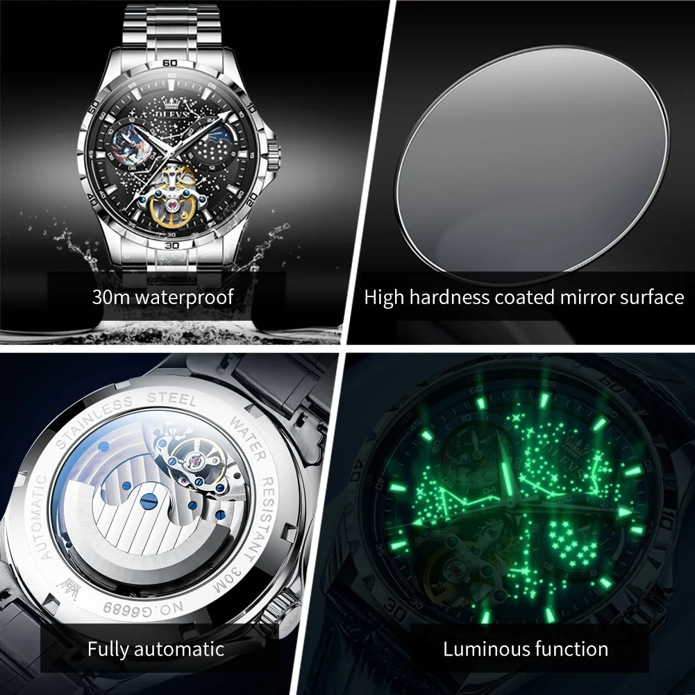 OLEVS Brand Original Men\'s Watches Luminous Fully Automatic Mechanical Watch Waterproof  Moon Phase Starry Multifunctional