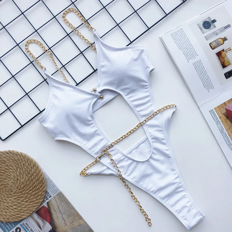 Sexy Solid One Piece Swimsuit with Gold Chain, Hollow Out Trikini Swimsuit Women Swimwear Cutout Bathing Suit Beachwear 2026 New