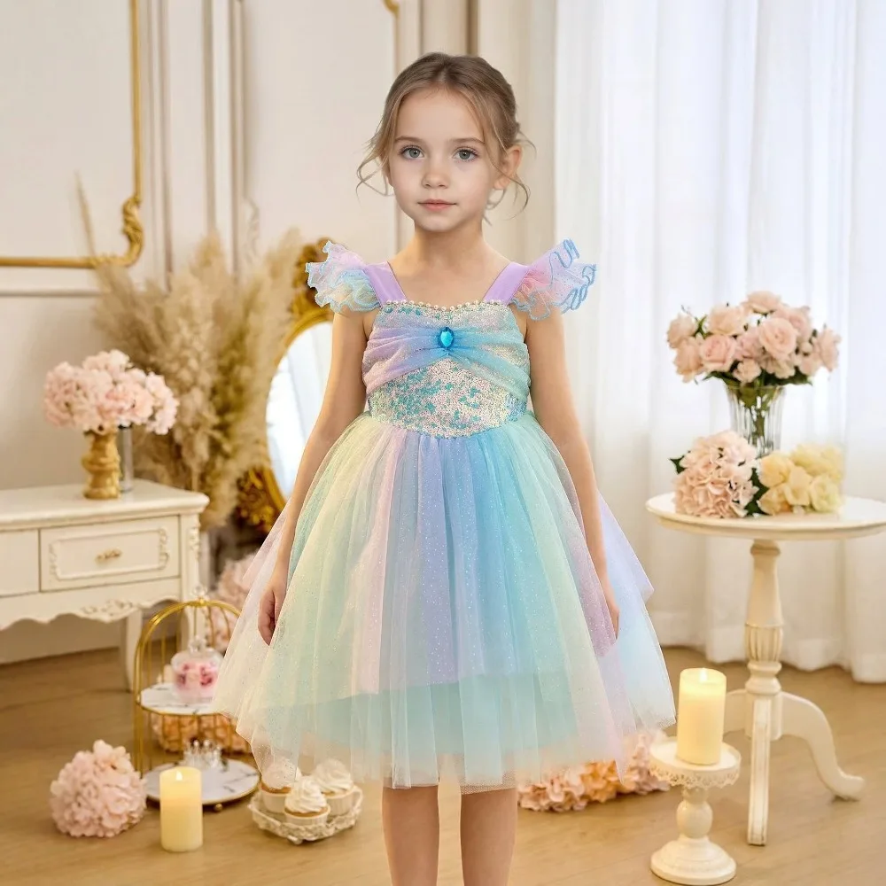 

Girls Gradient Tulle Princess Dress Sparkle Sequin Birthday Party Gown Kids Summer Fairy Elegant Tutu Formal Evening Costume