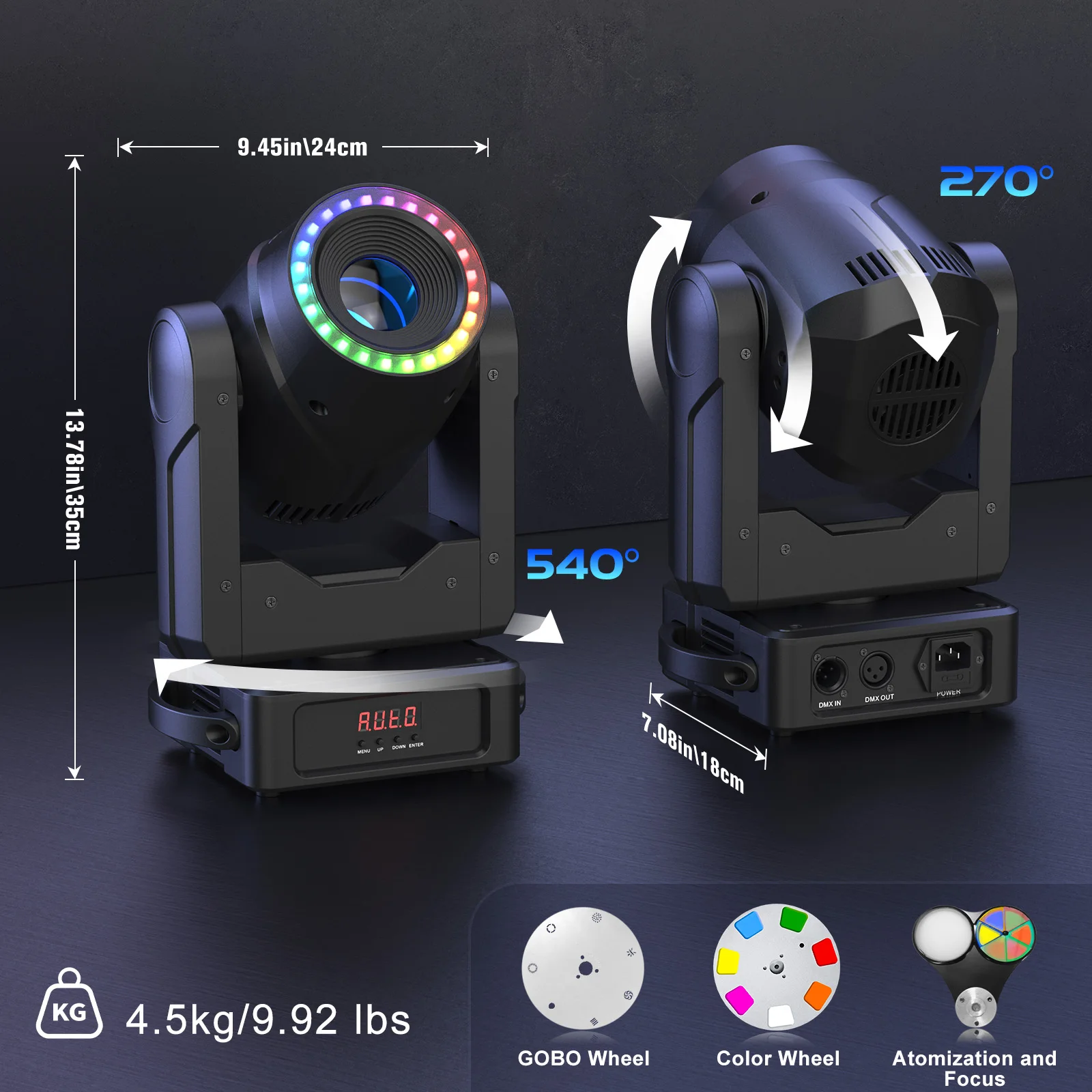 U'King Mini 150W luz de Dj con cabezal móvil con tira de Halo 7GOBO 7 colores 3 prismas RGBW luz LED de escenario DMX512 para DJ Disco fiesta de boda