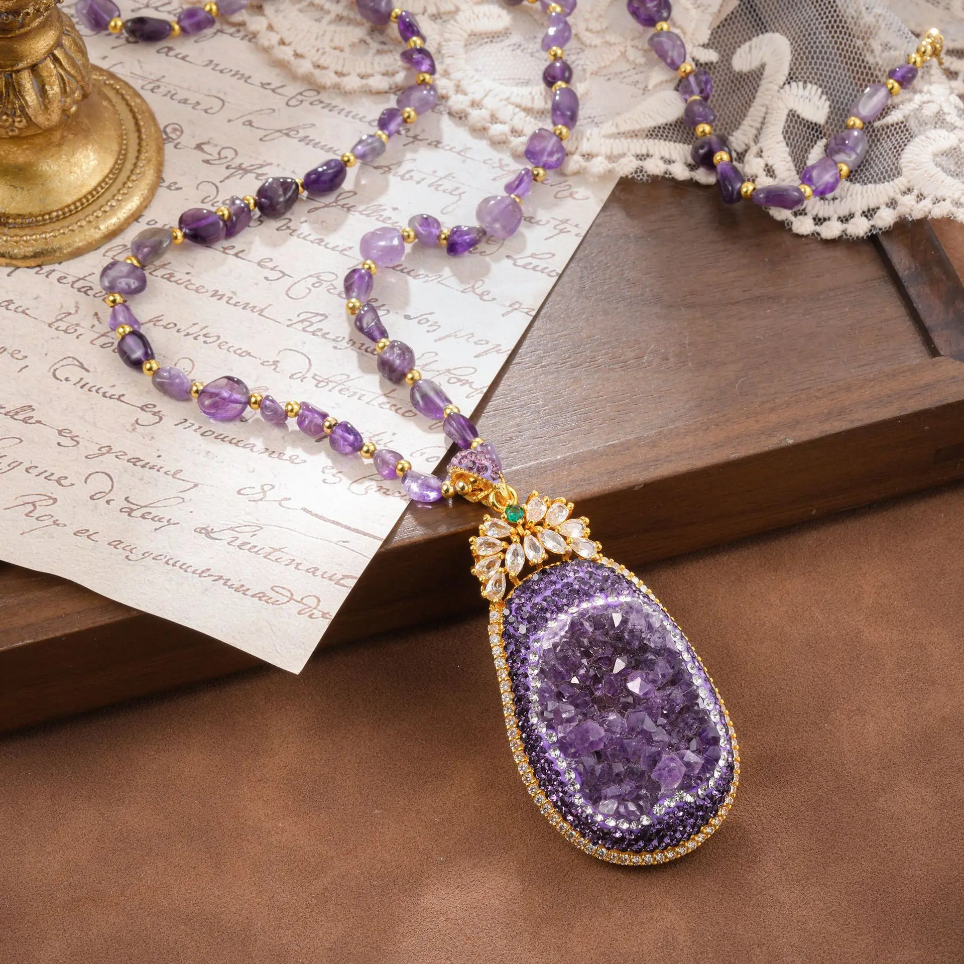 Natural Amethyst Druzy Pendant Necklace Sparkling Gold Accents Irregular Amethyst Beaded Chain Luxury Chic Long Sweater Necklace