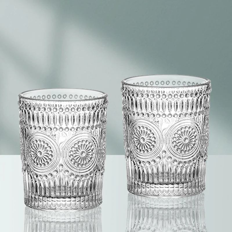 4pcs/2pcs/1pcs Nordic Style Sunflower Water Cup 300ml/350ml Retro Relief Glass Cup French Cold Drink Cups Transparent Juice Cup