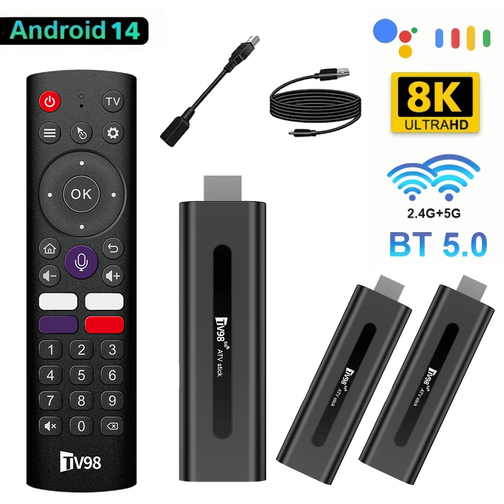 TV98 ATV H313 Mini TV Stick 8K 2.4G/5G WiFi Quad Core BT5.0 Android TV Stick 14.0 Smart TV Box for Network Media Player