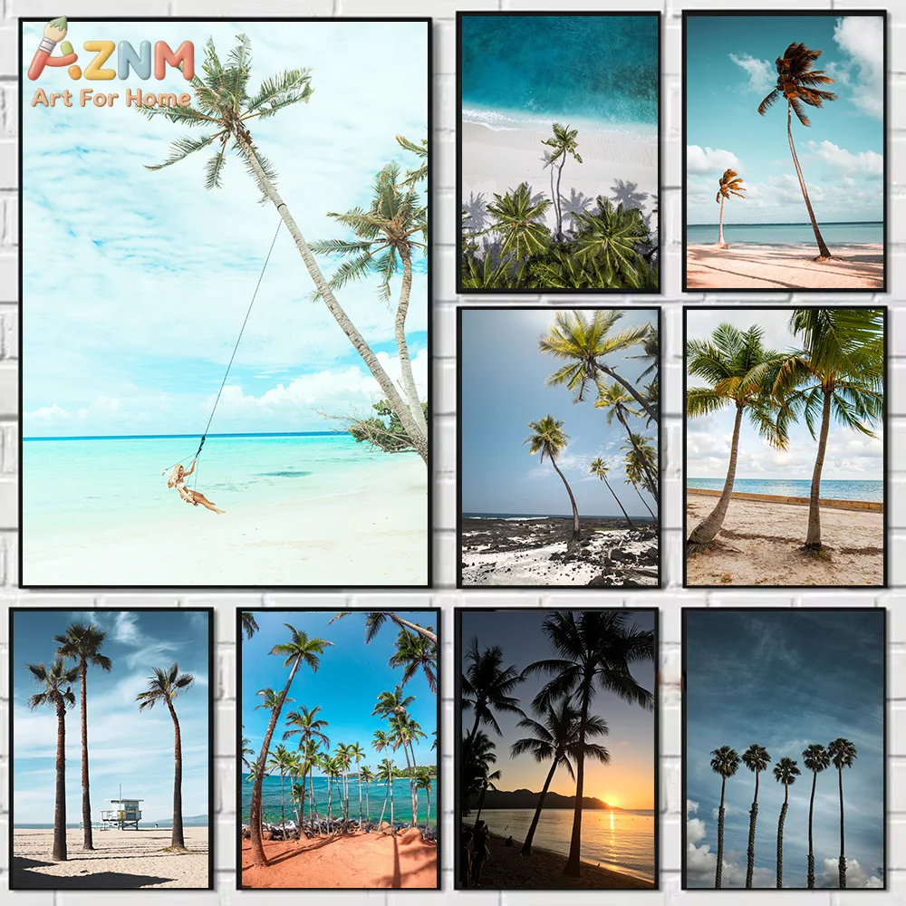 AZNM Unframed Canvas Print Tropical Palm Tree Beach Wall Art Summer Coastal Sunset Home Decor Poster