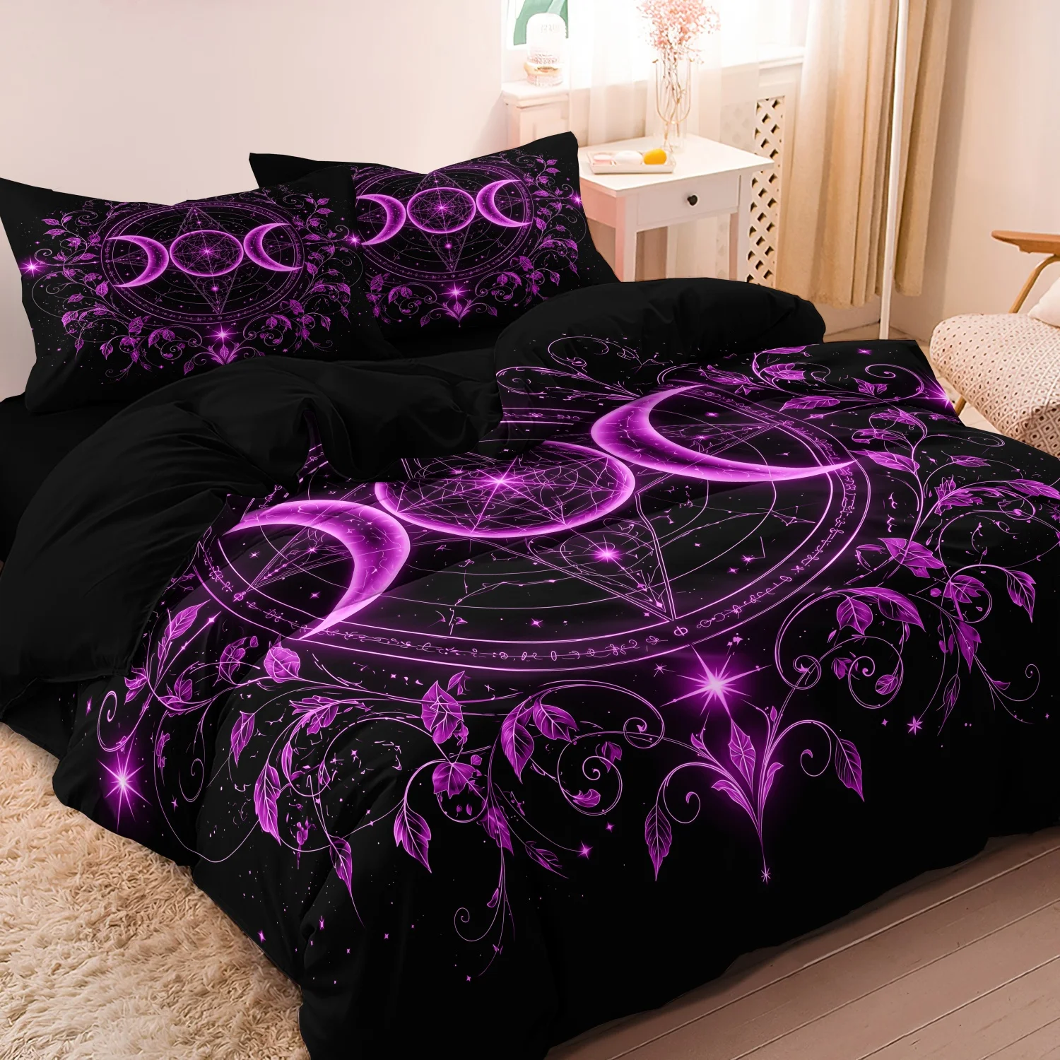 3pcs Set Gothic Triple Moon Starry Duvet Cover, Delicate Purple Botanical Mandala Bedding,  For Themed Hotel & Dorm Decoration