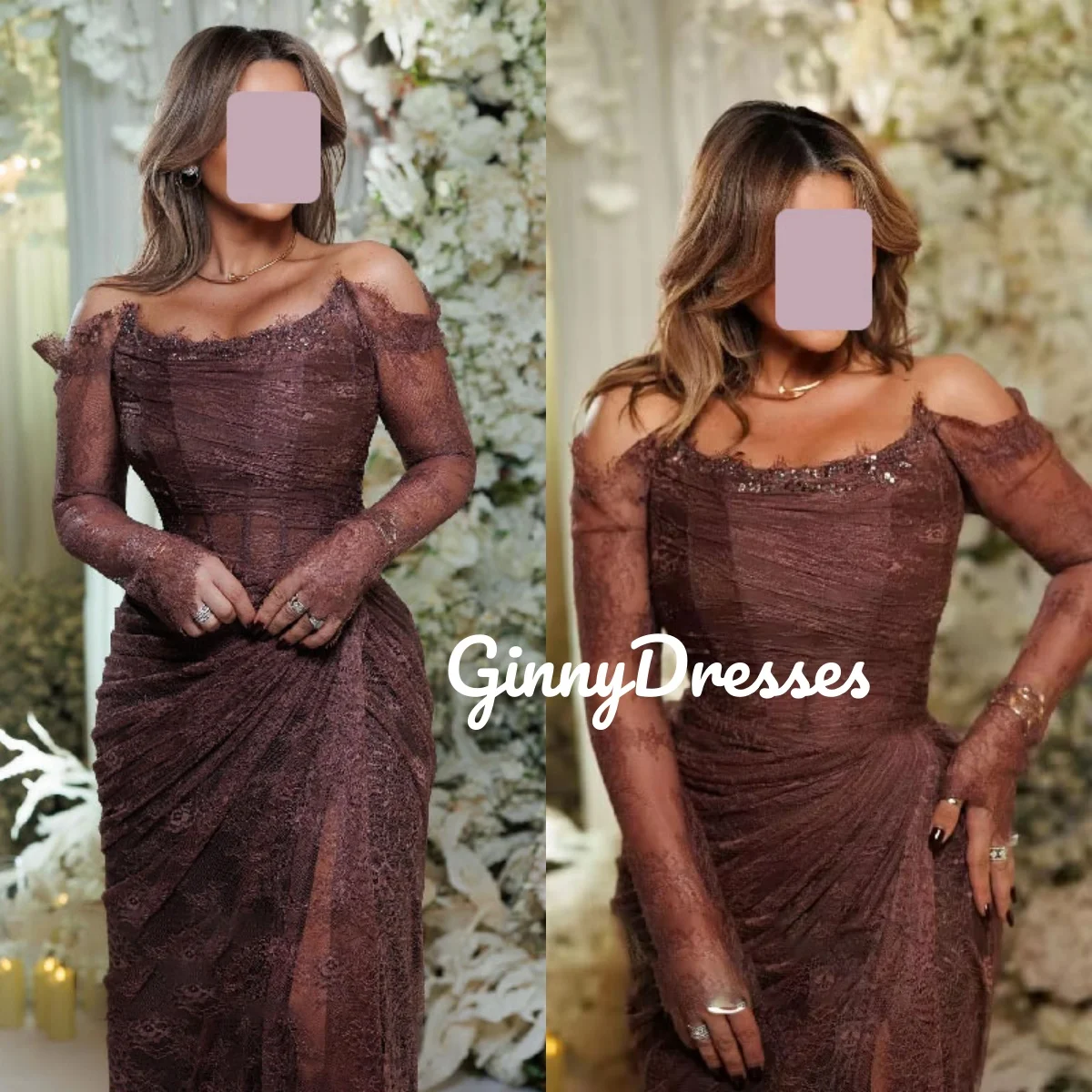 

Evening Dresses Luxury Customize A-Line Split Off-The-Shoulder Dresses For Prom Floor-Length Lace Zipper Up Formal Occasion Dres