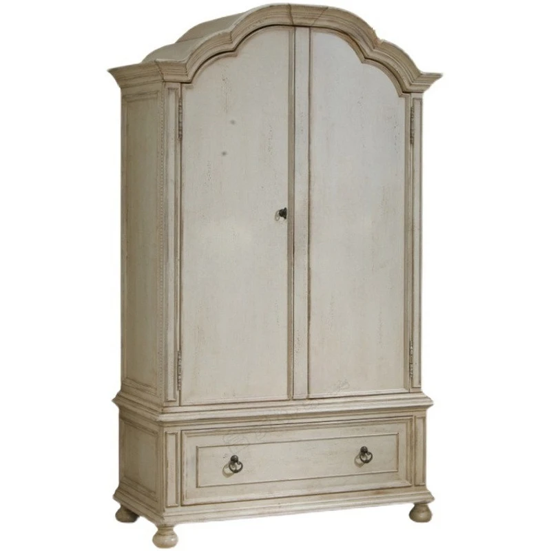 American solid wood double door wardrobe bedroom locker European retro white old storage wardrobe two door wardrobe