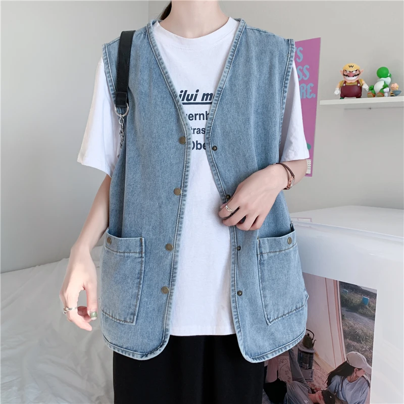 Vintage Spring Autumn Blue Denim Vest Women Leisure Plus Sized V Neck Single Breasted Sleeveless Jackets All-matched Tops S-5xl