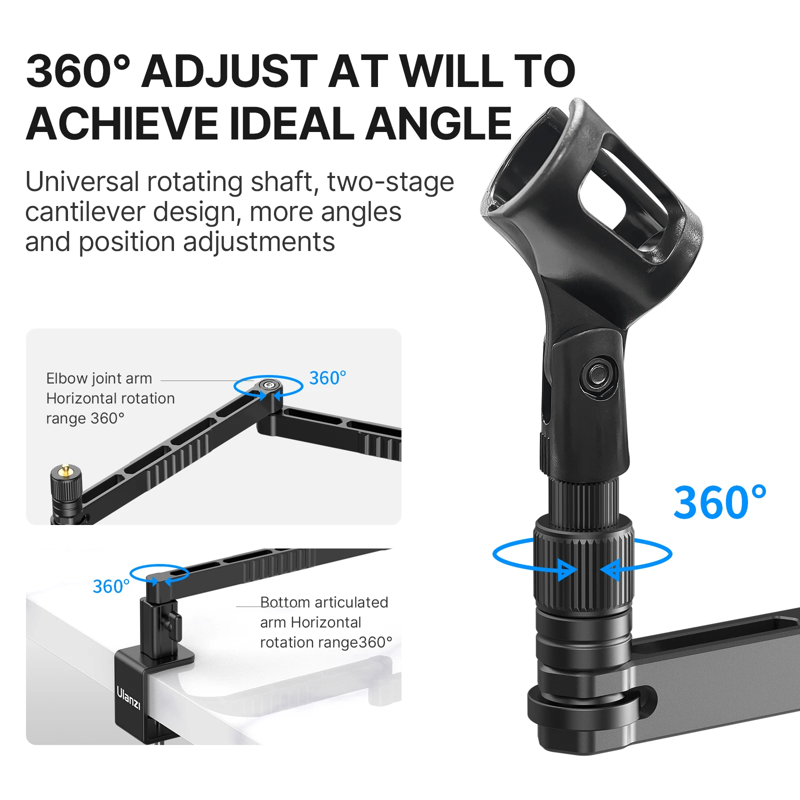 ULANZI LS26 Low Profile Microphone Arm with Cable Channels Desk Clamp 360ยฐ Rotatable Foldable for Streaming Recording 2991
