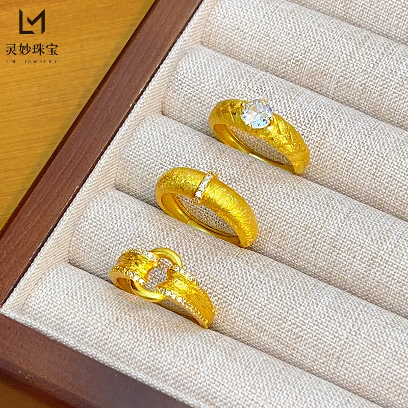 Viora Jewelry 9999 point diamond brushed satin ring round diamond 24K real gold braided wheat ear ring mid-style simple women's