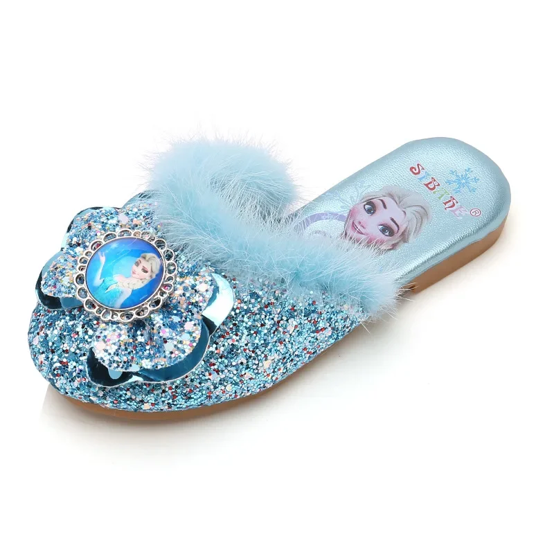 Disney Girls Furry Slippers Fall Winter Elsa Princess Slippers Baby Indoor and Outdoor Slippers Girls cartoon frozen shoes