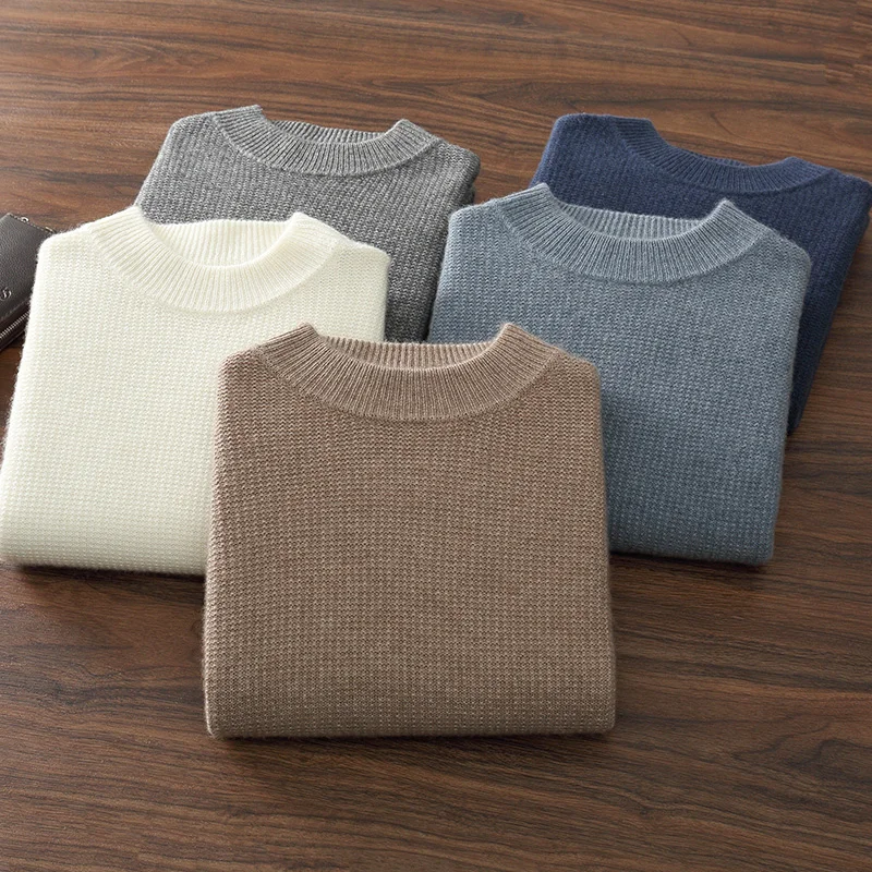 Autumn and winter new men's 100% pure cashmere semi-high neck thick sweater casual fashion solid color knitted cashmere sweater.