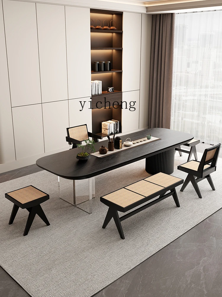 Zf Tea Table High-Grade Log Bubble Tea Table Chair Combination Designer Carbonized Black Solid Wood Tea Table