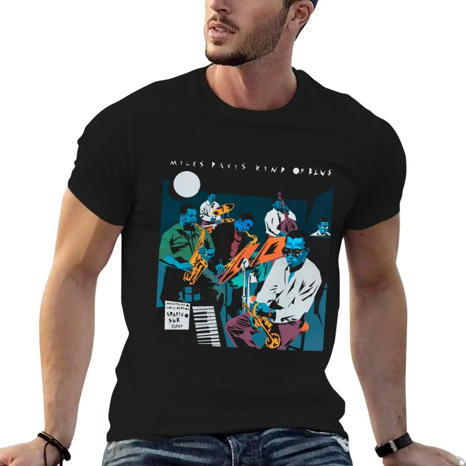 

Miles Davis Kind of Blue Illustrated by Maximiliano Lopez Barrios T-Shirt vintage anime clothing for men