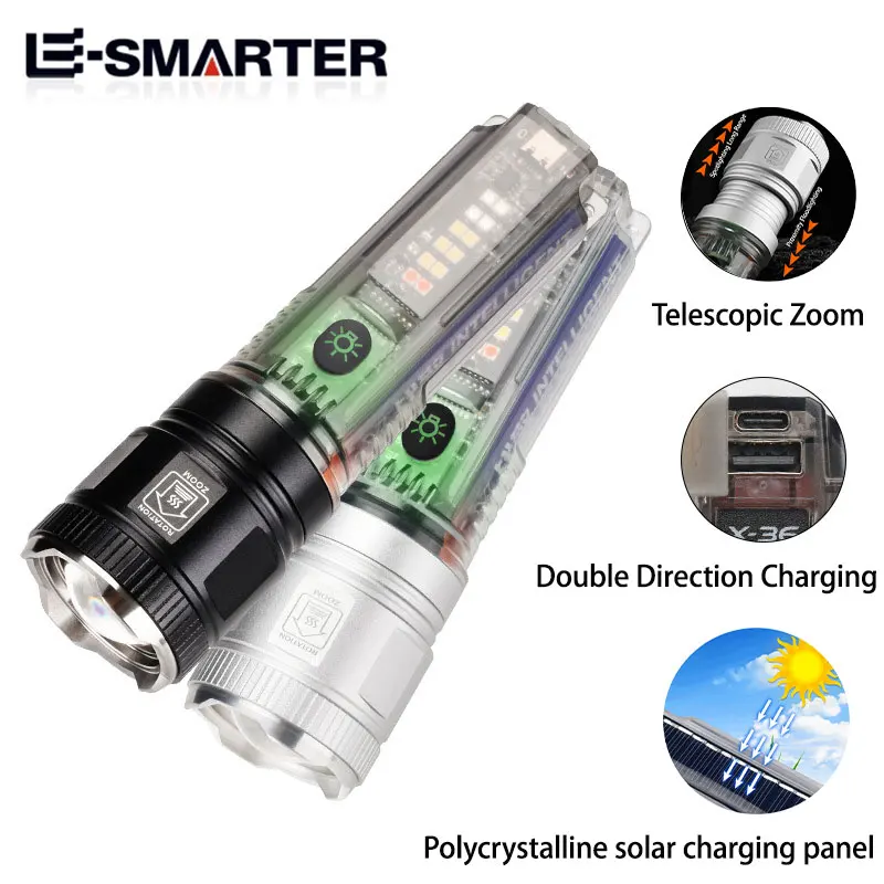 Solar Rechargeable Flashlight Zoomable Super Bright P50/White Laser Beads Lamp Multifunction Camping Telescopic Focusing Torch