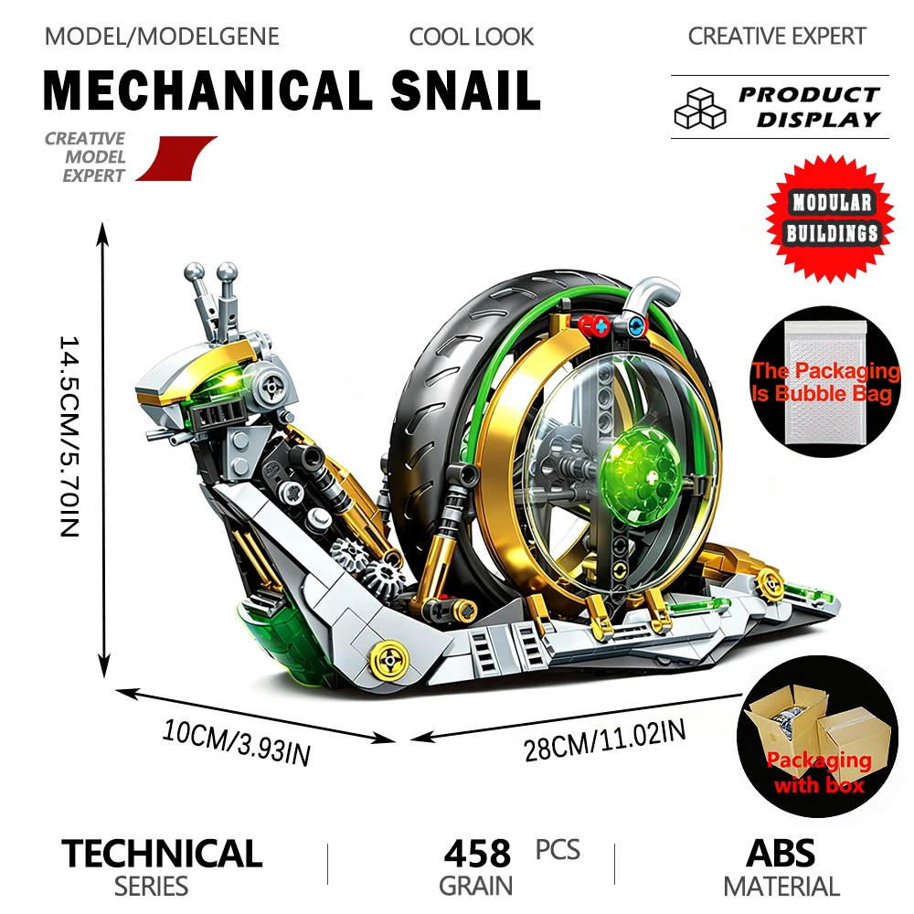 Luminous Mechanical Snail Animal Model Building Blocks Bricks Creative Assembly Toy Desktop Ornament Collectible Holiday Gift