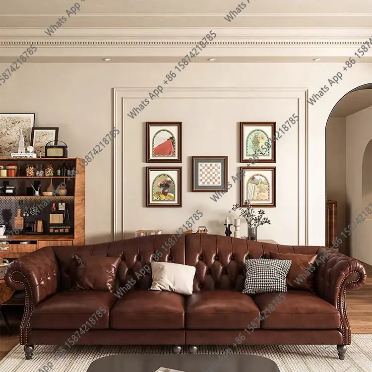 American retro leather sofa European pull button living room three-person size apartment club oil wax leather combination sofa
