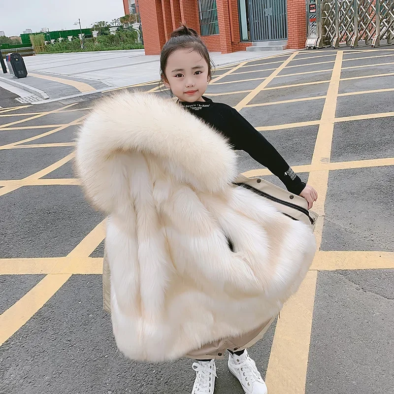 Boys Girls Fur Jacket Parkas Winter Faux Fur Liner Coat Children's Outerwear Imitation Fox Fur Hood Girls Jackets Coats TZ127