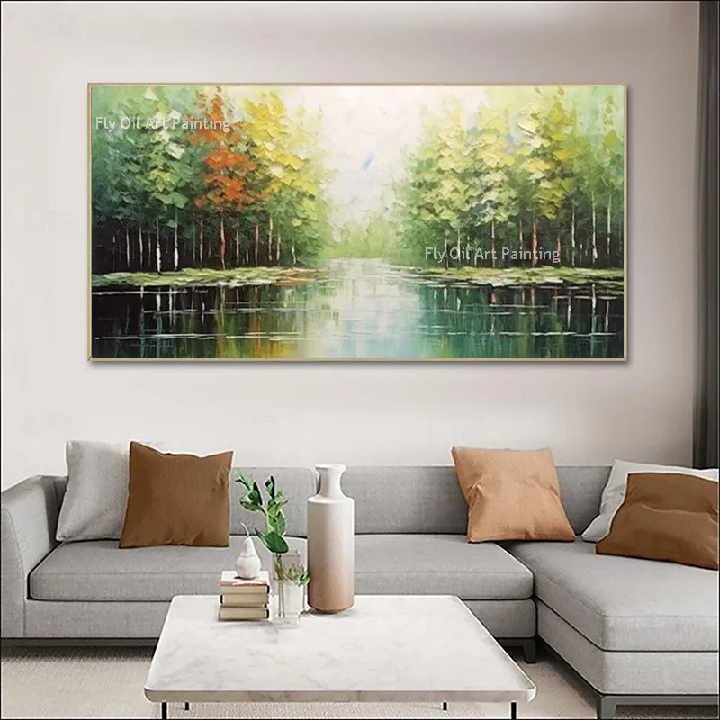 Green Forest Modern Lake Landscape Oil Painting Handpainted New Design Blue Lake Pink Lutos Wall Art On Canvas For Home Decor