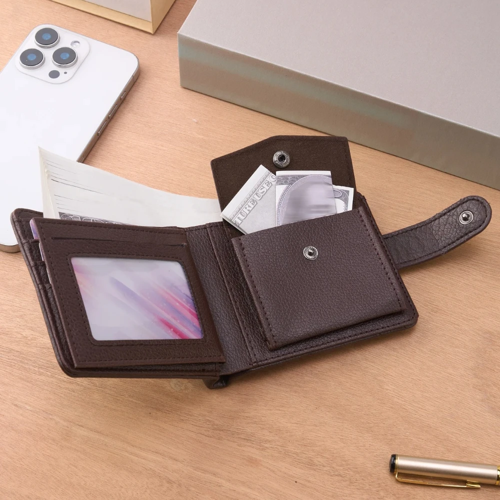 محفظة جلدية رفيعة للرجال، محفظة بسحاب عالي الجودة مع جيب للعملات المعدنية، حامل بطاقات قصير متعدد كاجوال للرجال للاستخدام اليومي