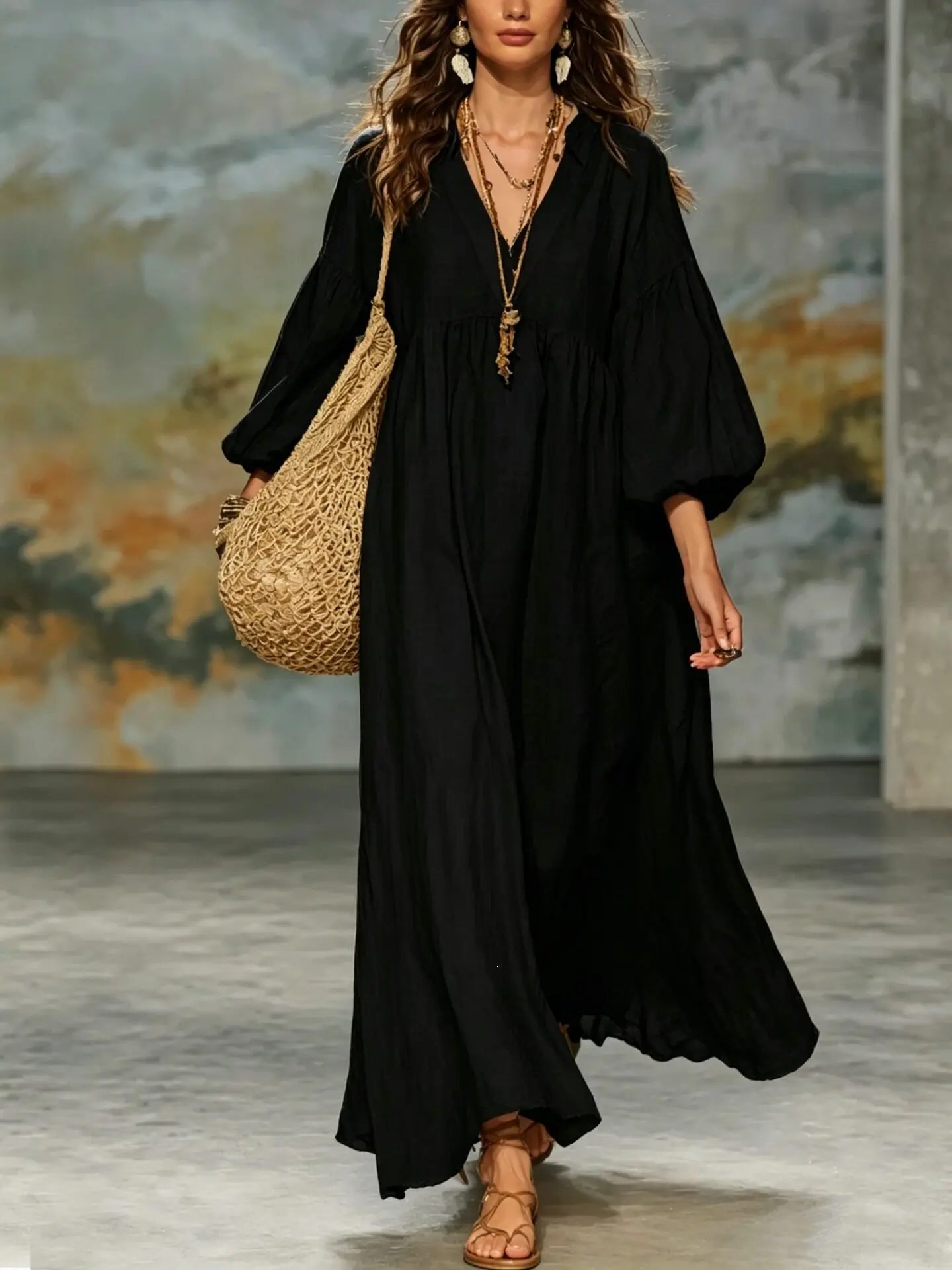 Damen-Kleid aus Kunstdenim und Mesh, Midi-Länge, mit Revers, transparenten langen Puffärmeln, schmaler Passform, asymmetrischer Rüsche und High-Low-Saum, Streetwear-Partykleid – Detail 3