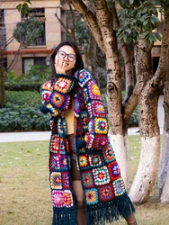 TIYIHAILEY-Women's Loose Outerwear, 100% Wool Coat, Long Sleeve Cardigan, Hand Made, National Tassels Sweaters with Hood