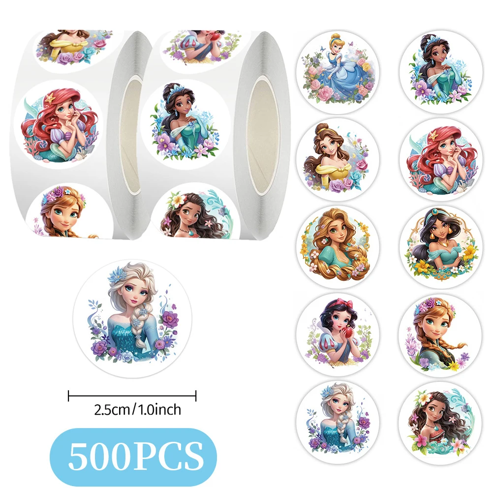 500pcs/Roll Disney Anime Princess Stickers Cute Ariel Snow White Seal Label Decals Reward Sticker Toy DIY Laptop Decoration Gift