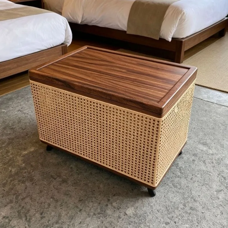 Large Capacity Rattan Storage Box Walnut Wood Storage Basket Household Organizer Indoor Bedroom Living Room Rectangle Container