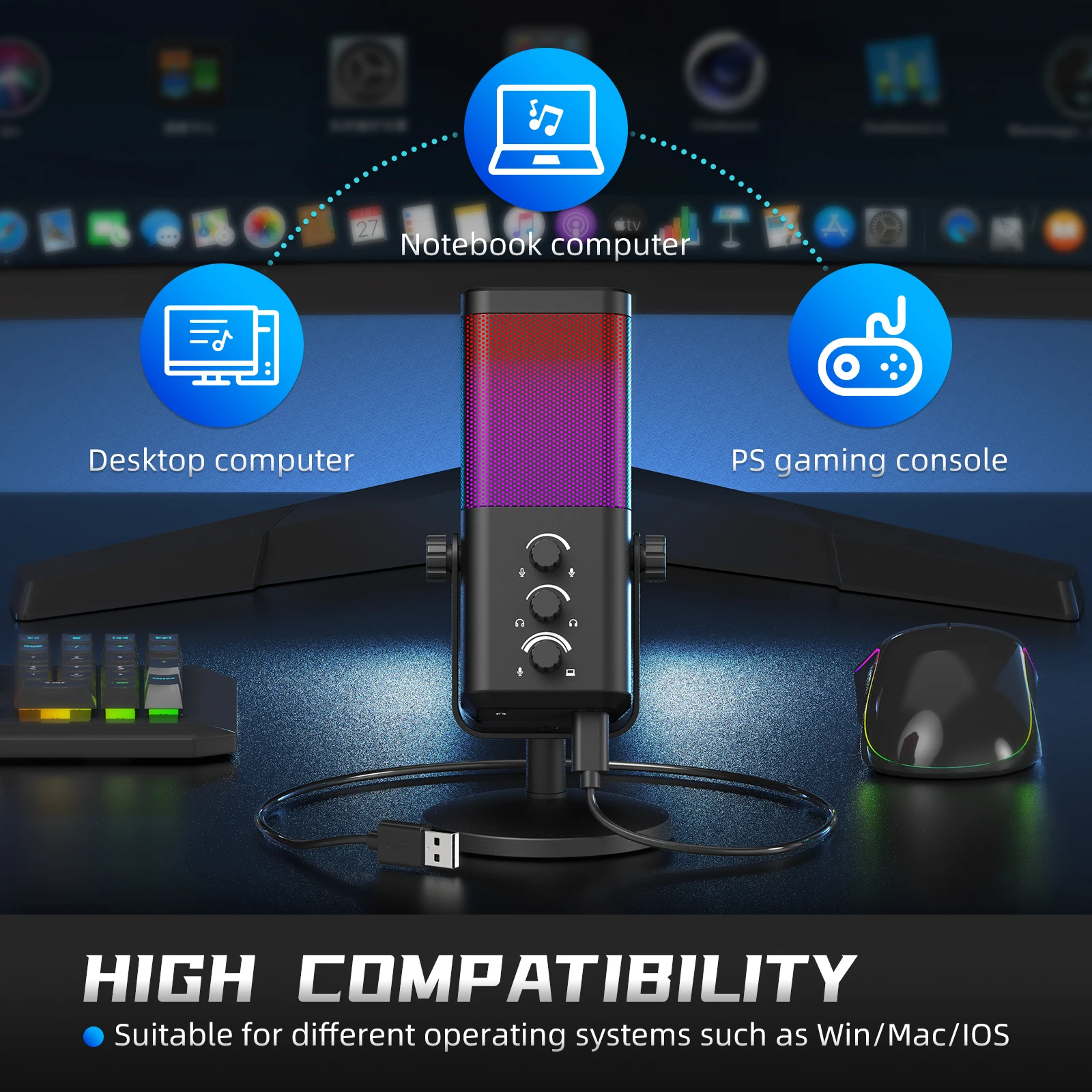 XTUGA M7 RGB 게이밍 마이크 전문 다이나믹 단일지향성 콘덴서 스튜디오 방송 음성 팟캐스팅 컴퓨터 게임용 마이크