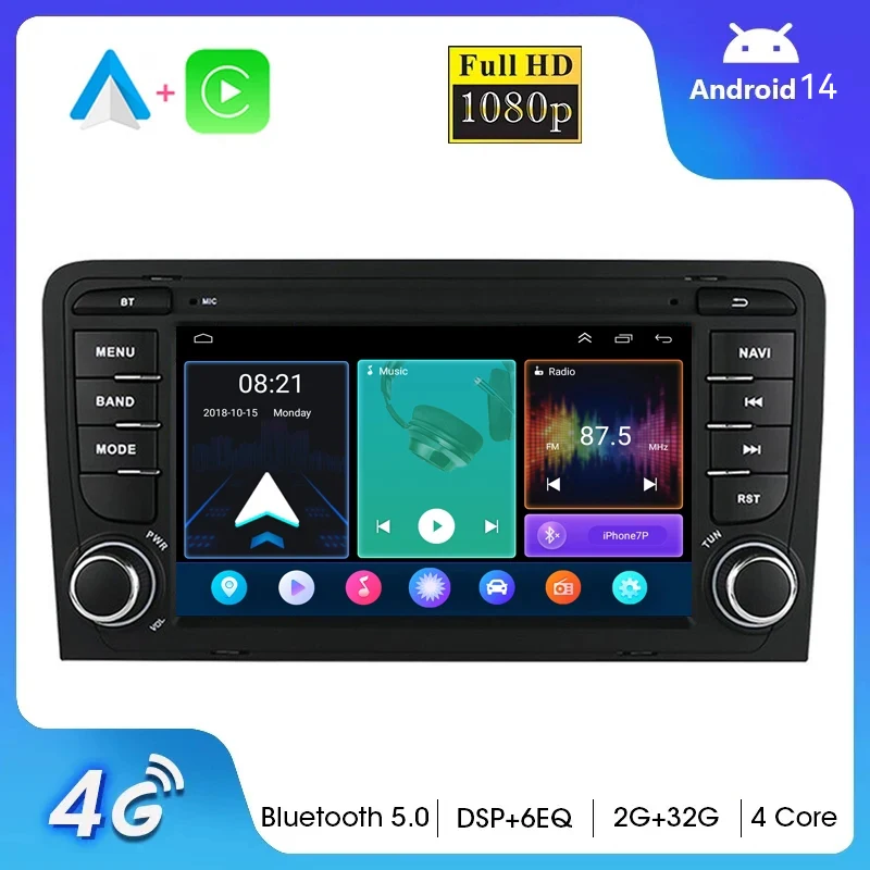 

Беспроводное автомобильное радио Carplay Android 14 для Audi A3 8 11P S3 2003-2012 RS3 Sportback мультимедиа BT GPS Навигация стерео головное устройство