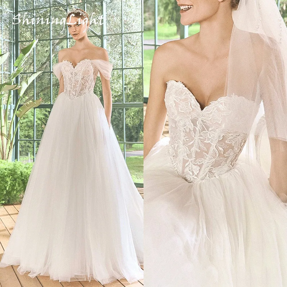 

ShiningLight Beach Boho A-Line Bride Wedding Gowns Off-the-Shoulder Sukienki Appliques Tulle Church Bridal Dresses Customized
