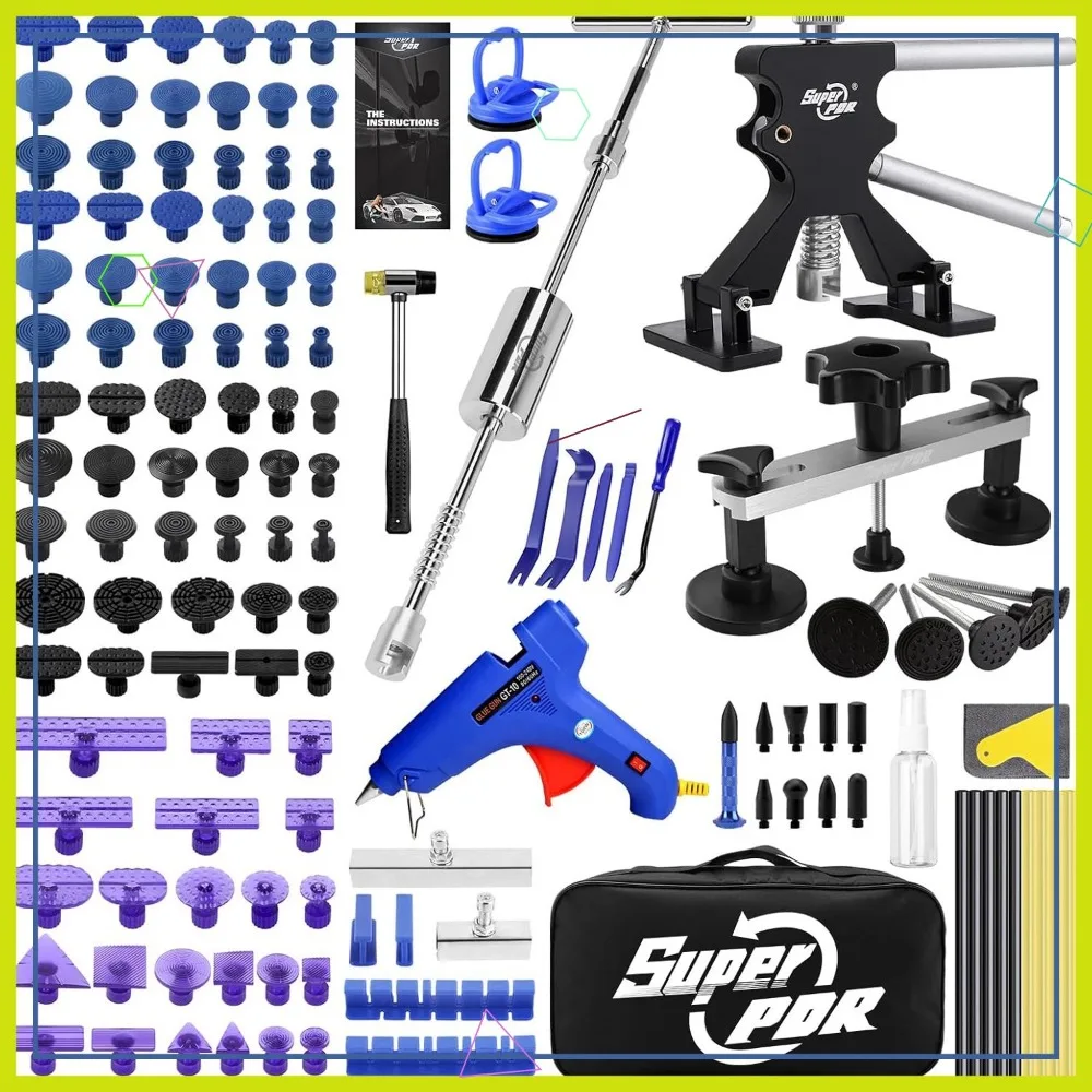 Paintless Car Dent Repair Kit - 2-in-1 Slide Hammer & Glue Tabs for Door Dings, Hail Damage DIY Removal Tool Set