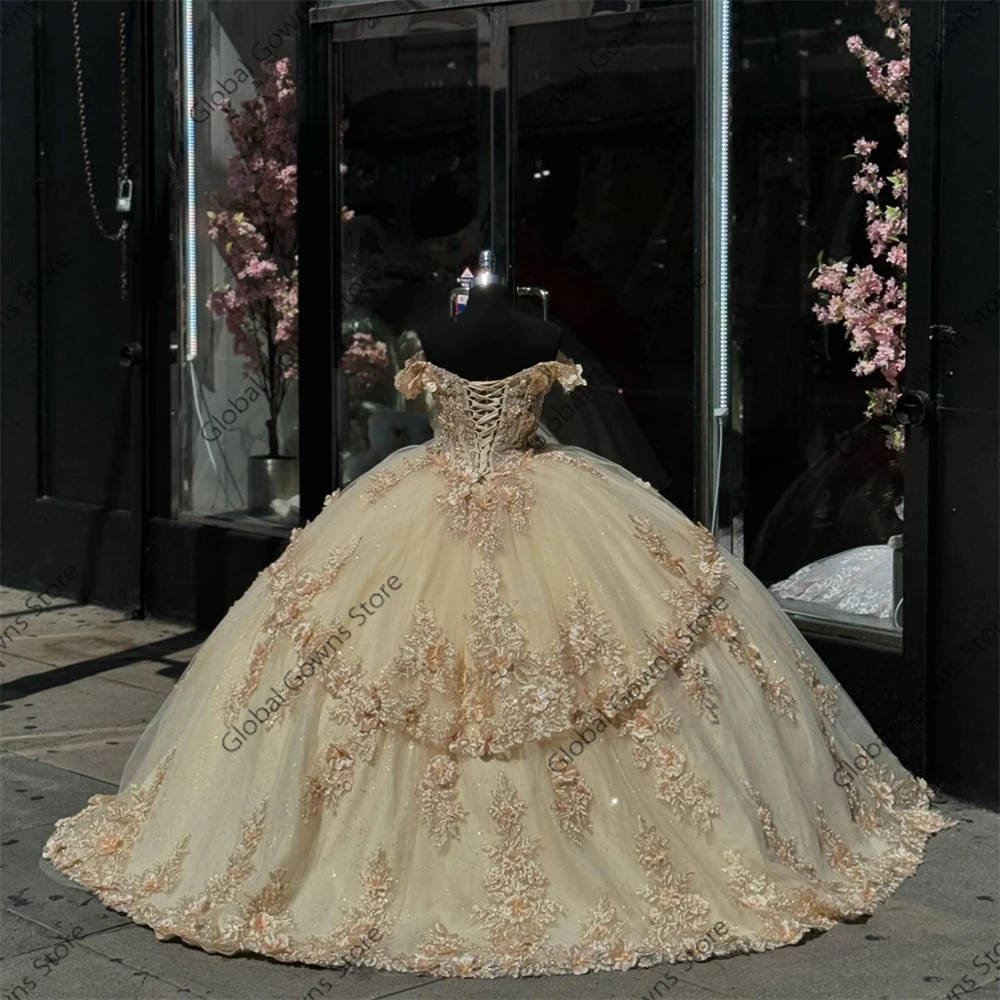 Mexico Champagne Off Schouder Baljurk Quinceanera Jurken Voor Meisjes Applicaties Partij Jassen 3D Bloemen Sweet 16 Aangepast