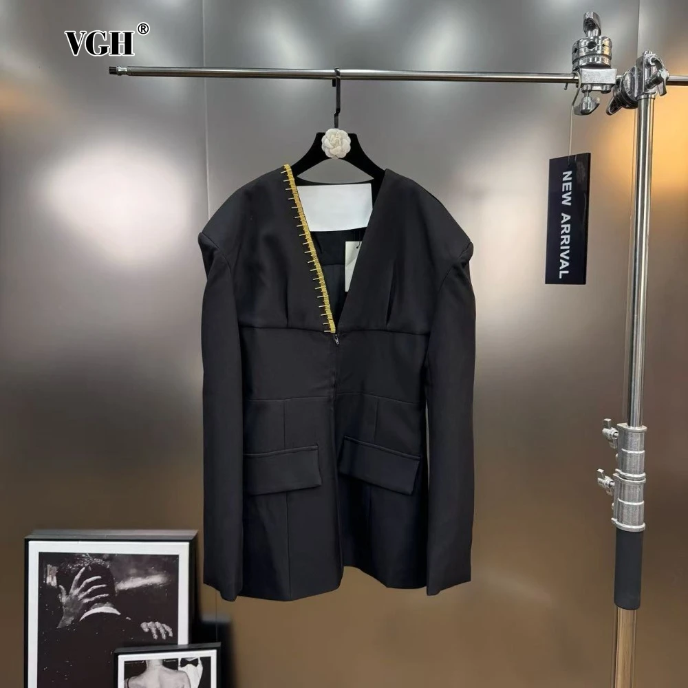 

VGH Black Spliced Front Zipper Blazer for Women V Neck Long Sleeve Patchwork Beading Office Lady Formal Coats Female Autumn Syle