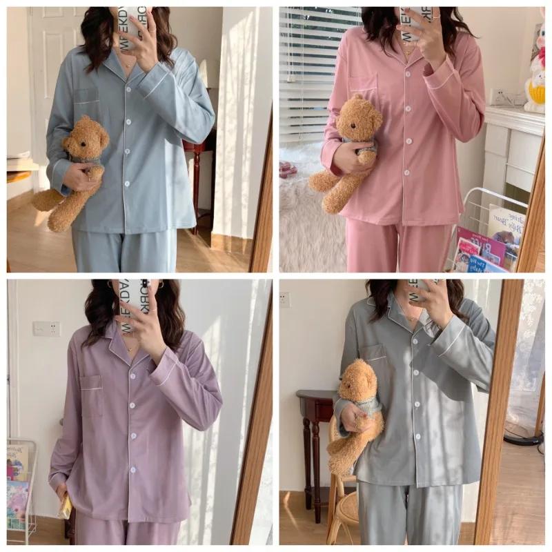 Casual Sleepwear Women Pajama Sets Korean Piiama Autumn Pants Sets for Women 2 Pieces Solid Night Wears Long Sleeve Home Suit