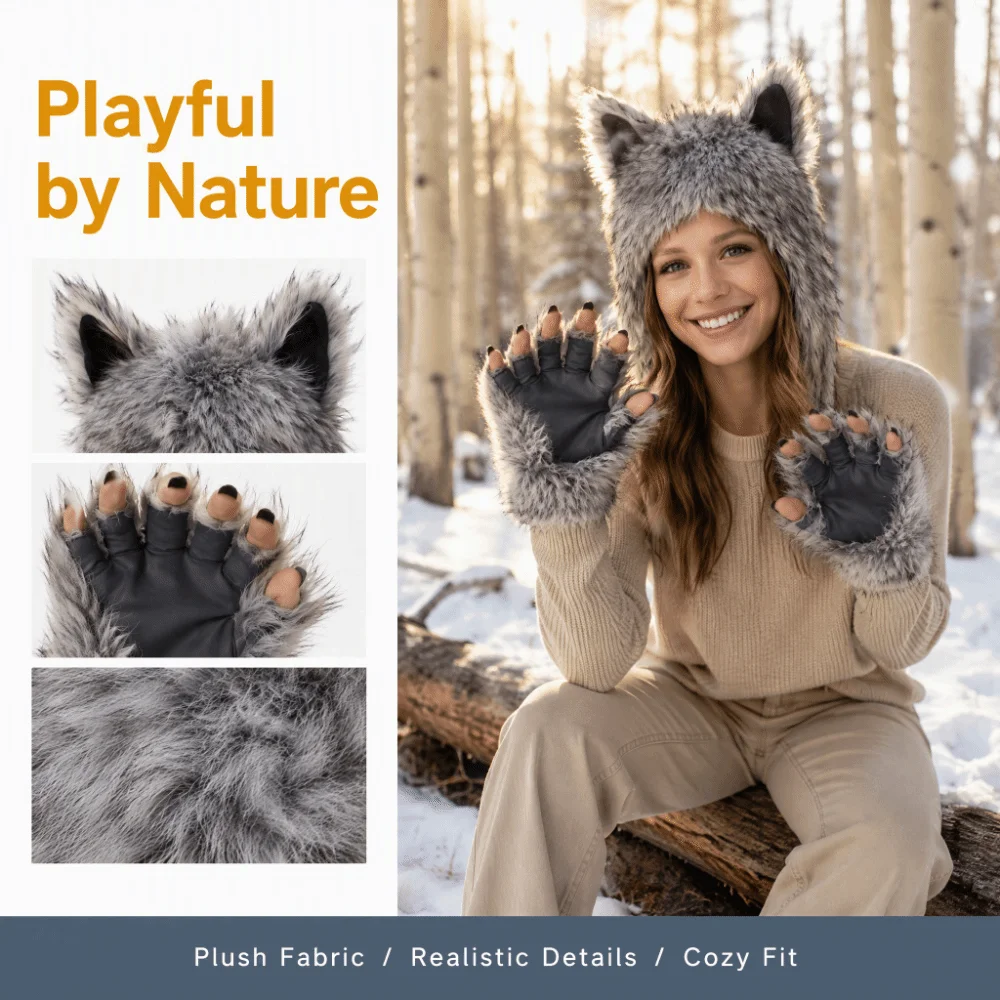 Conjunto de Cosplay de Pata de Lobo Gris de Moda, Gorro de Lobo con Orejas de Textura Esponjosa, Uñas de Lobo de Piel Sintética para Cosplay, para Mujeres y Hombres