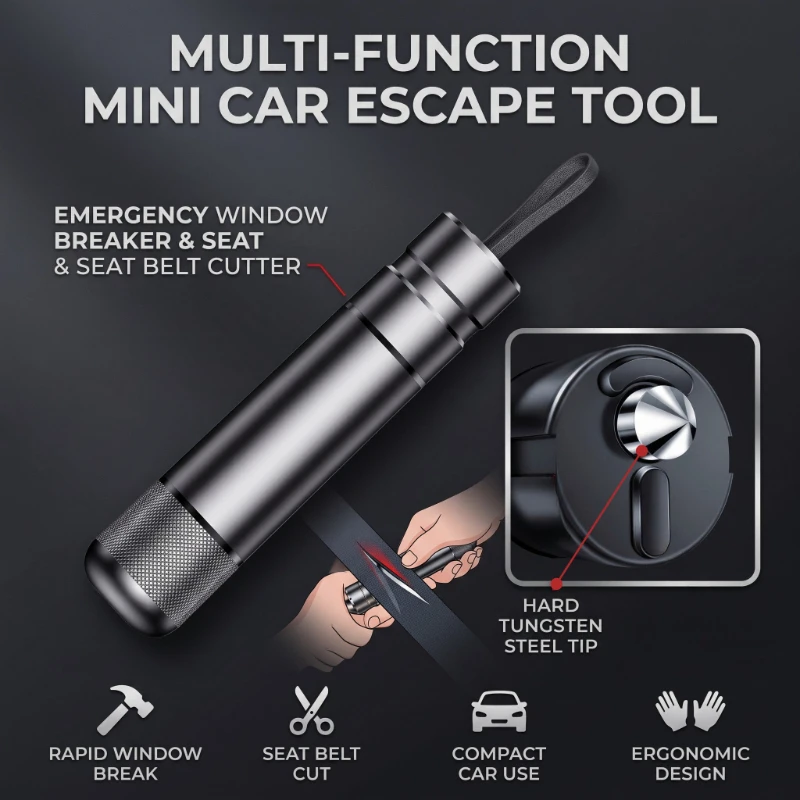 2 in 1 Multifunctional Mini Metal Car Emergency Hammer Safety Escape Glass Breaker with Seat Belt Cutter Lifesaving Rescue Tool