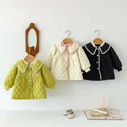 Autumn Winter 2024 Baby Girls Parkas Cotton Quilted Solid Turndown Collar Warm Lace Infant Girls Coat Toddler Girls Jacket