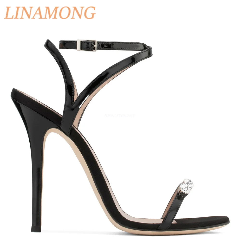 One Line Rhinestone Sandals Black Temperament Simple Ankle Buckle Design Exposed Toe Slim High Heels Banquet and Party Shoes
