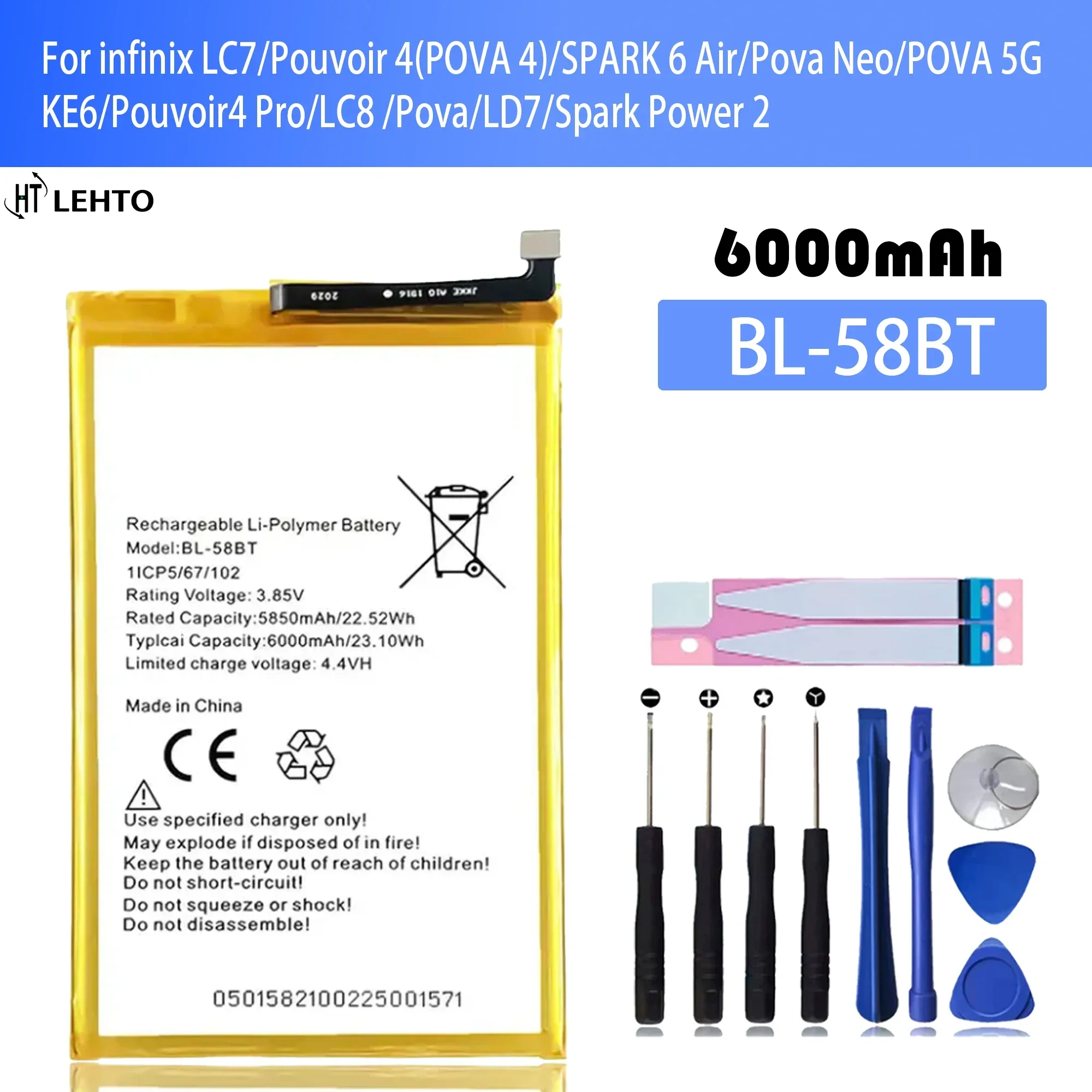 

100% New Original 6000mAh BL-58BT Battery For TECNO LC7 SPARK 6 Air KE6 Pouvoir 4 Pro SPARK Power 2 LC8 Pova LD7 Cellphone