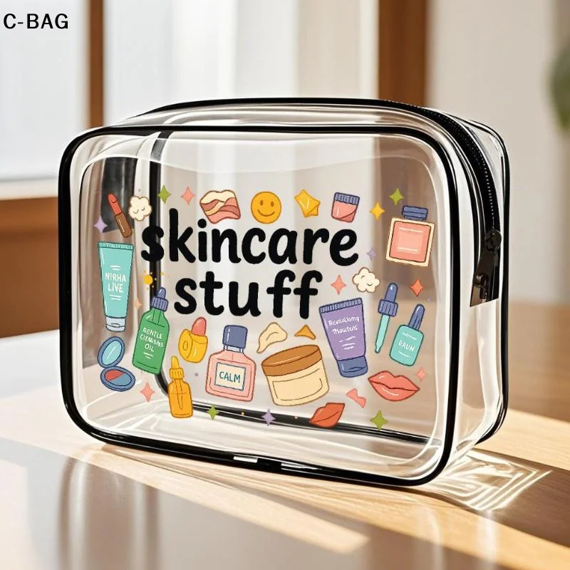 حقيبة مستحضرات التجميل الشفافة المحمولة من جانب واحد طباعة السفر حقيبة أدوات الزينة سميكة البلاستيكية ماكياج المنظم كيس التخزين للسفر