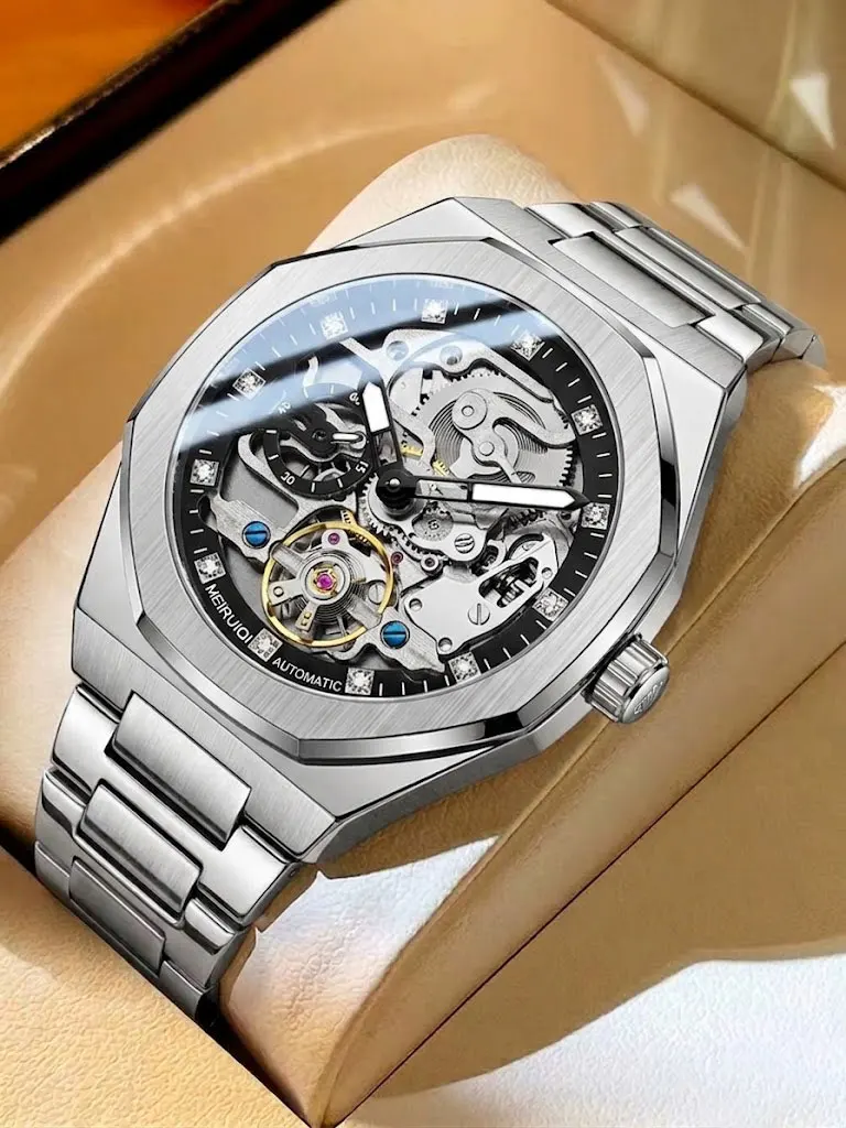 

A men's silver black minimalist style atmospheric fully automatic tourbillon scale mechanical watch
