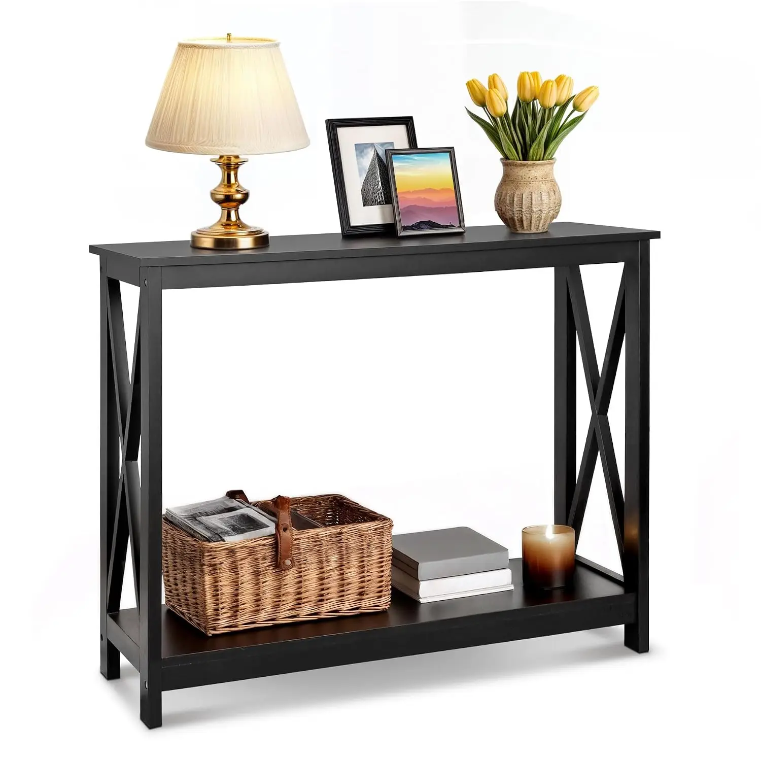 2-Tier Narrow Console Table with Storage Shelf for Hallway Foyer Living Room Office, 39.5