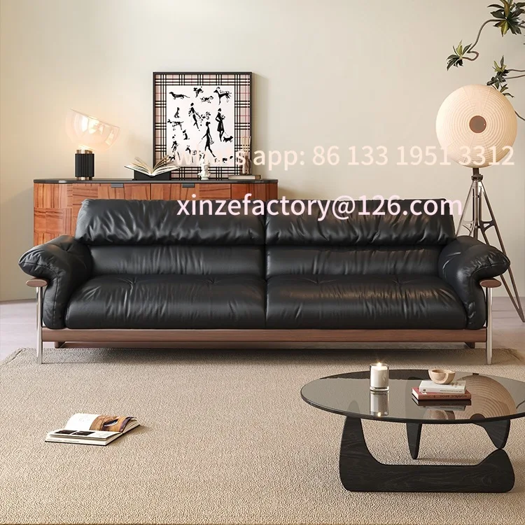 

Customizable medium antique leather straight row three high-end solid wood living room full green leather retro Bauhaus