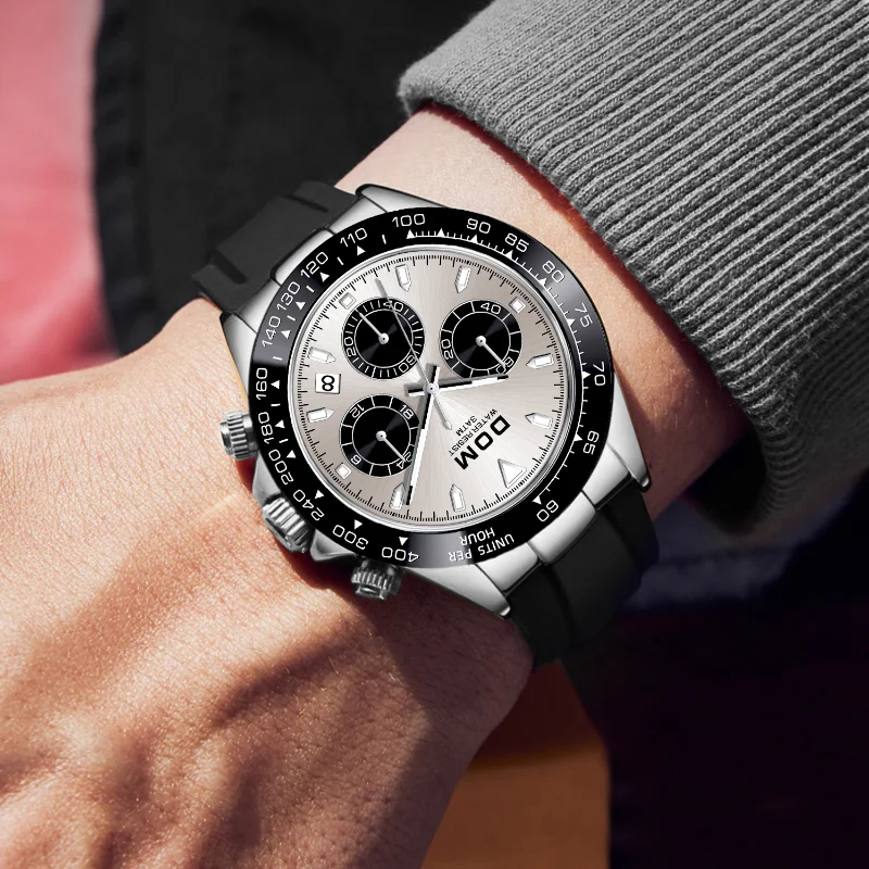 DOM orologio al quarzo multifunzione da uomo orologio da polso automatico con data orologio cronogra sportivo impermeabile in gel di silice in acciaio inossidabile M-1568