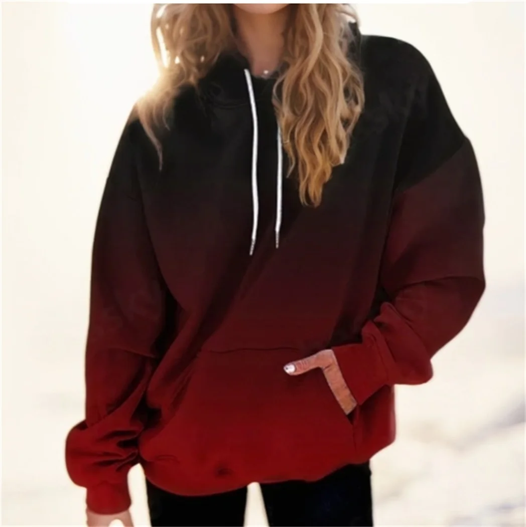 

Women's plus size new hooded sports casual shirt long sleeved drawstring pullover loose hooded sweatshirt with pocket